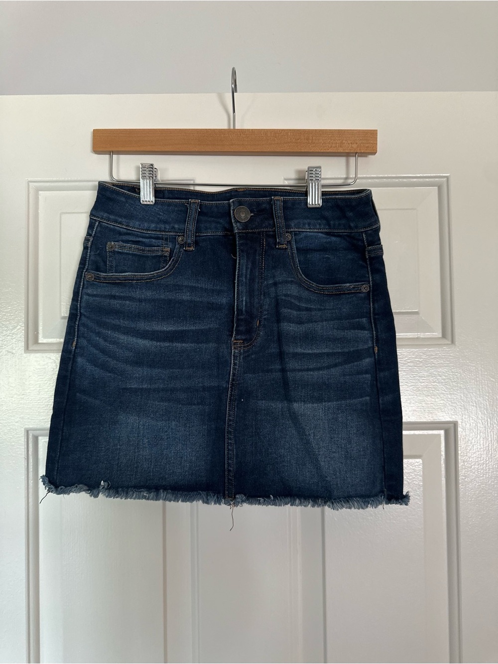 American Eagle Outfitters Dark Blue Denim Mini Skirt with Frayed Hem